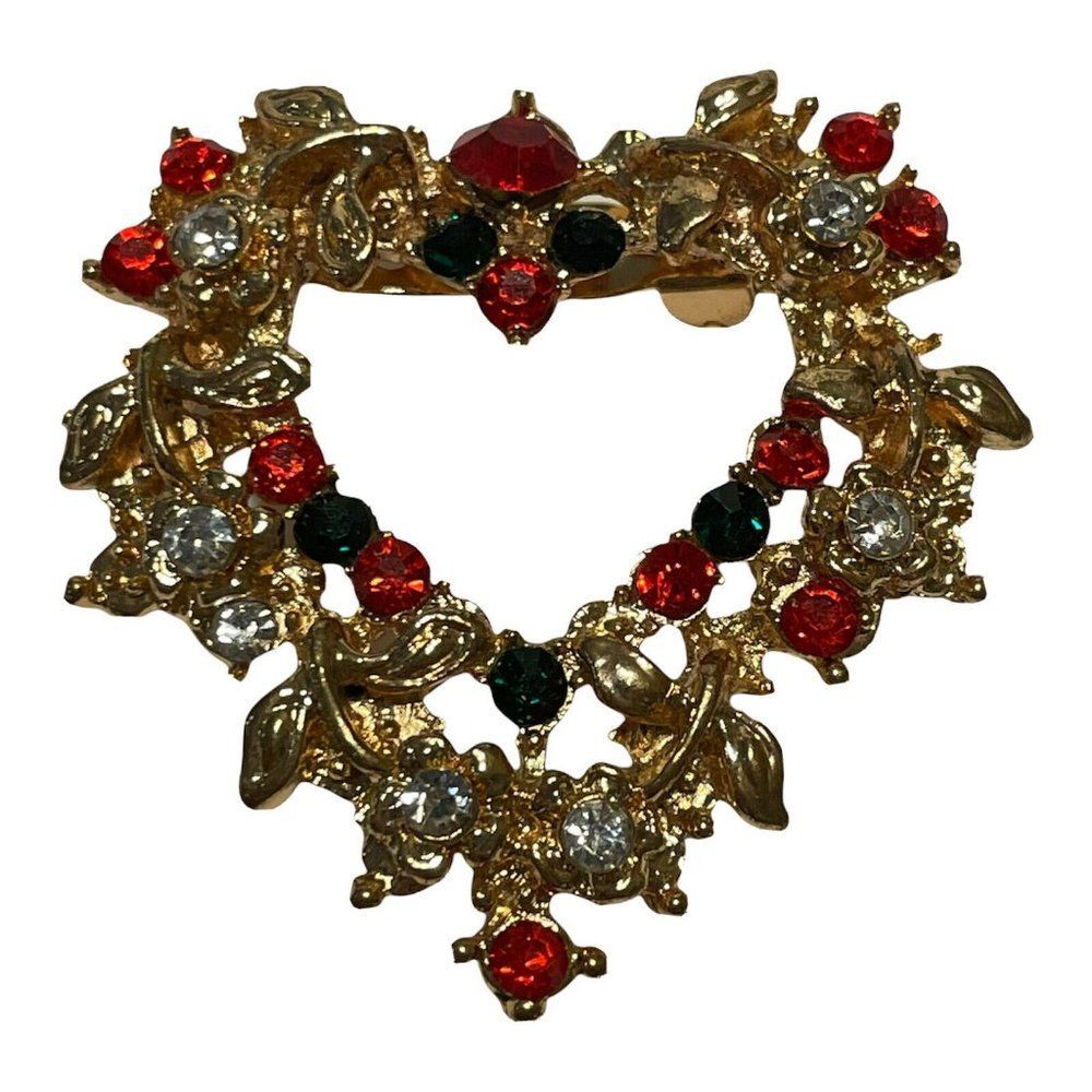 rhinestone encrusted floral heart shaped pin brooch red black clear Love Flower